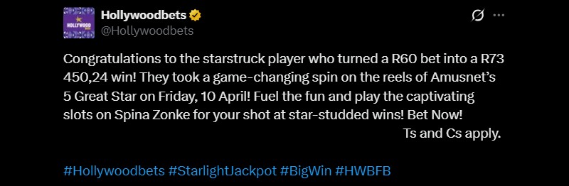 Twitter Hollywoodbets 73K Starlight Jackpot